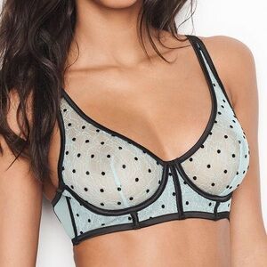 Victoria’s Secret Luxe Lingerie Unlined Plunge Bra Frosty Blue Dot NWT 32D